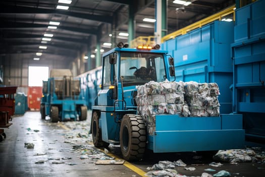 Shredded plastic garbage at a recycling factory, forklift at a waste disposal site, pile scrap bottles