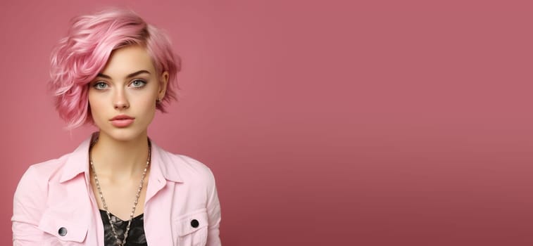 Portrait of a young woman with pink hair, millennial teenager, alternative lifestyle, studio background