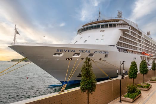 Seven Seas Voyager, Large cruise ship docked at terminal of Galataport, a mixed use development located along shore of Bosphorus strait, in Karakoy neighbourhood, Istanbul, Turkey