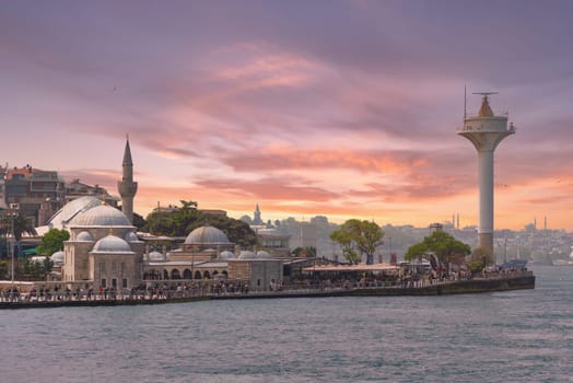 Istanbul, Turkey - May 8, 2023: Semsi Pasha Mosque, an Ottoman mosque on the coast of Uskudar district, on the Asian side of Bosphorus Strait before sunset, designed by Ottoman imperial Mimar Sinan