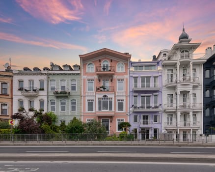 Colorful traditional residential buildings in Arnavutkoy neighborhood, Besiktas district, Istanbul, Turkiye, in a sunny spring day