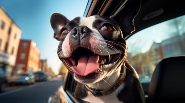 Cute dog looking out of car window. Pets travel concept. AI generated