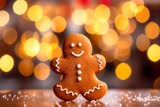 Holiday gingerbread man cookie. Cookie in shape of man with sugar icing. Happy new year decoration. Merry christmas holiday. New year and xmas celebration.  AI generated