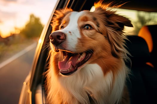 Cute dog looking out of car window. Pets travel concept. Dog enjoying from traveling by car. AI generated