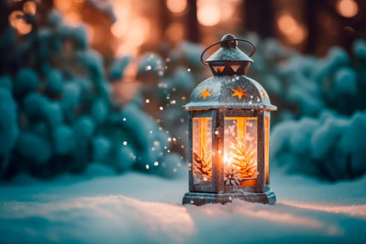Decorated Christmas lantern with burning candle outdoors.Christmas flashlight in the forest with snow. AI generated