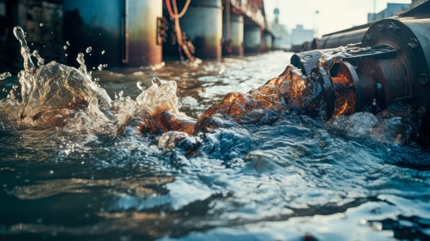 Toxic liquid spills from pipes. Factories polluting water, environment problems. AI generated