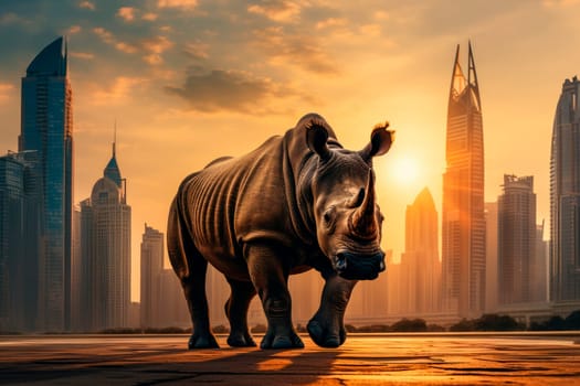 Lonely rhinoceros walking on the empty city square floor with a skyline scenery of glass skyscrapers. AI generated