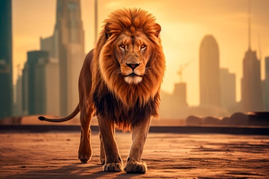 Lonely lion walking on the empty city square floor with a skyline scenery of glass skyscrapers. AI generated