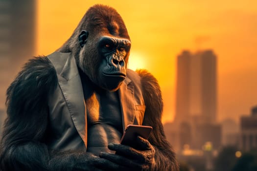 Gorilla using a smartphone on a modern city background. Communication, technology, social media, sharing. AI generated