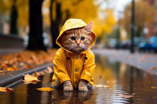 Adorable cat in a raincoat sits in a puddle on the street in autumn. Fall season concept. AI generated