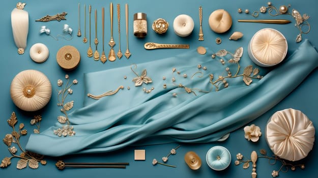 Sewing theme creative composition, blue fabrics, buttons and decorative items. Accessories for needlework. AI generated
