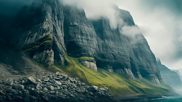 Cliffs towering clouds,the magic of nature. Rocky mountains cliff and clouds. Serene scenery of wild nature. AI generated