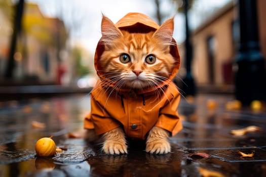 Adorable cat in a raincoat sits in a puddle on the street in autumn. Fall season concept. AI generated
