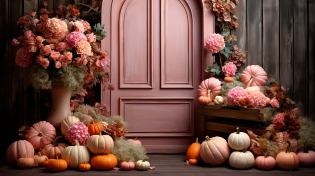 Halloween background with pumpkins,flowers and old wooden door. Cozy wooden porch of the house with pumpkins in fall time. AI generated