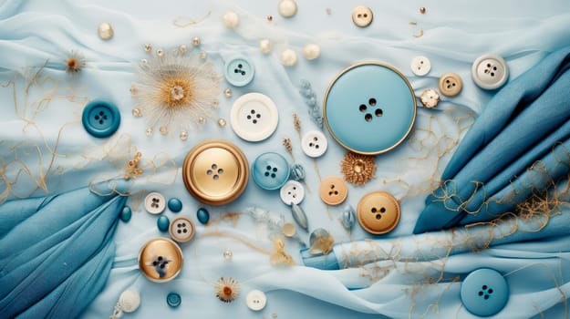 Sewing theme creative composition, blue fabrics, buttons and needles. Accessories for needlework. AI generated