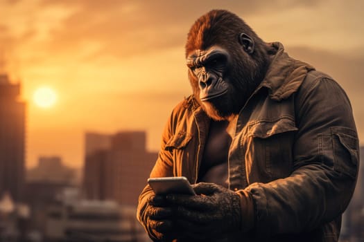 Gorilla using a smartphone on a modern city background. Communication, technology, social media, sharing. AI generated