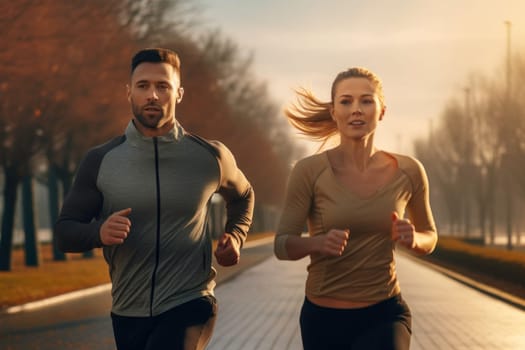 Couple running outdoor during workout on autumn day. Man and woman jogging in park. Active people. People while cardio training. Physical fitness. Cardio workout. Healthy lifestyle. Daily routine. Body exercises
