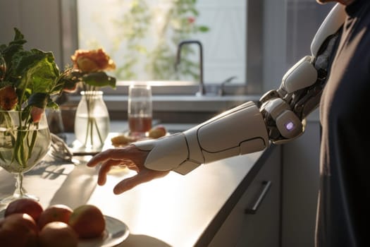 Elderly person with prosthetic robotic arm reaching fruit. Artificial limb. Equality and disability. Medical innovation. Futuristic health care. Routines with the disability