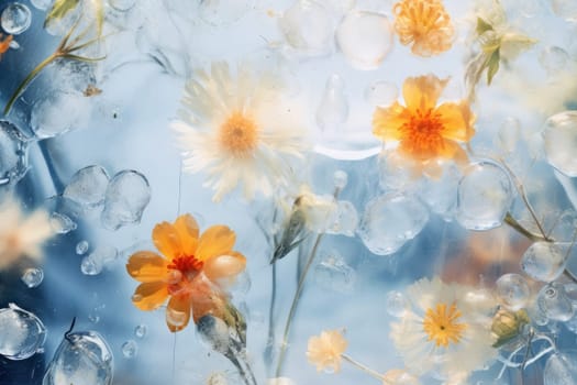 Field wild flowers in frozen water. Floral background. Wild flowers in ice. Botanical wallpaper. Natural decoration with field flowers in ice. Botanical wallpaper. Blossom composition