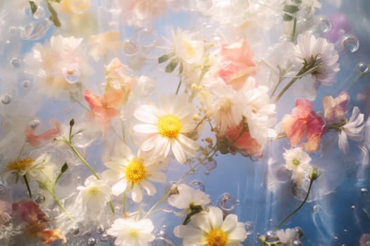 Wild flowers in clear water. Floral background. Natural composition. Botanical wallpaper. Natural decoration with field flowers blue water. Blossom composition
