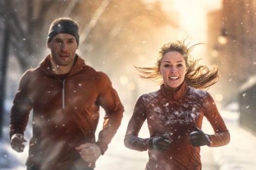 Couple running outdoor during workout on winter day. Man and woman jogging in park. Active people. People while cardio training. Physical fitness. Cardio workout. Healthy lifestyle. Daily routine. Body exercises