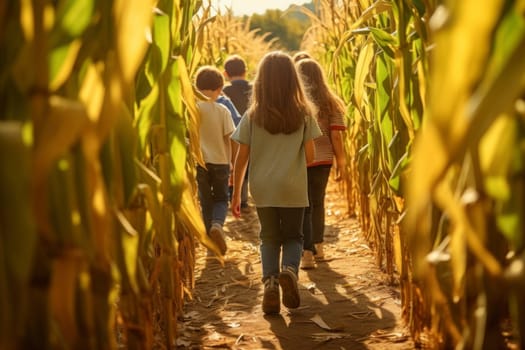 Group of children exploring corn maze in the fall day. Friends playing in corn maze. Kids on pathway in corn field. Popular tourist attraction. Playing on corn labyrinth field