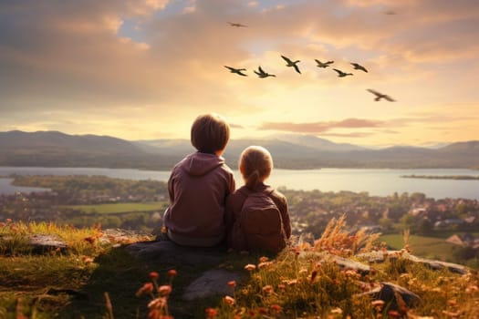 Children observing flock of geese during migration. Children sitting on hill and observing beautiful nature. Flying geese. Kids watching how flock of migrating birds. Autumn season. Autumn landscape in warm sunlight