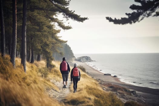 People walking at the seaside. Walk by the sea. Active people. Cardio training. Physical fitness. Cardio workout. Healthy lifestyle. Daily routine. Body exercises