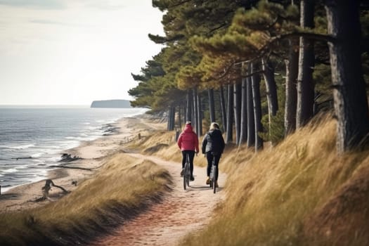 Couple riding bicycles at the seaside. Cycling by the sea. Active people. Cardio training. Physical fitness. Cardio workout. Healthy lifestyle. Daily routine. Body exercises