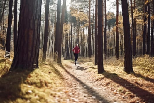 Woman running in forest on autumn day. Jogging at sunset. Active person. Cardio training. Physical fitness. Cardio workout. Healthy lifestyle. Daily routine for active person. Body exercising