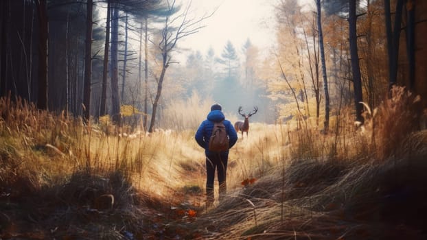 Man encounters deer during hike in forest. Exploring wild nature places. Adventures during autumn trekking. Forest exploration. Traveler looking at deer Freedom of exploring. Autumn season
