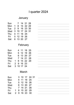 Calendar for first quarter 2024. Three months of 1 quarter 2024. Quarterly Calendar in English. Monthly planner. Quarterly planner. Business organizer. Calendar January Fabruary March