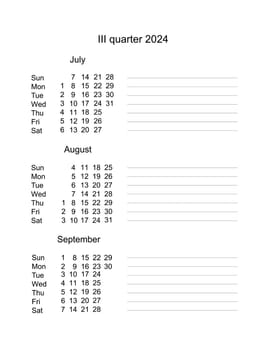 Calendar for third quarter 2024. Three months of 3 quarter 2024. Quarterly Calendar English. Monthly planner. Quarterly planner. Business organizer. Calendar July August September