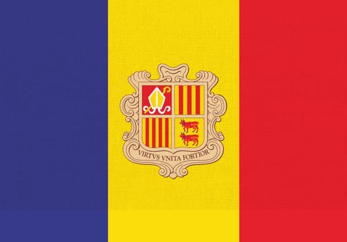 Flag of Andorra. Andorra flag on fabric surface. Andorian national flag on textured background. Andorian state flag illustration. Fabric Texture. Principality of Andorra. European country