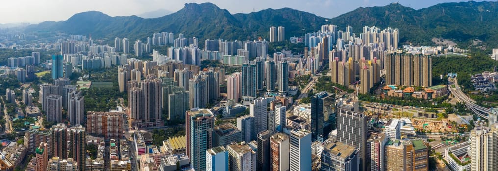 Kowloon, Hong Kong 03 September 2019: Drone fly over Hong Kong city