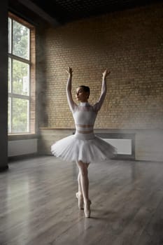 Beautiful female ballerina wearing tutu dress and pointe shoes performing indoors. Young woman ballet dancer training at rehearsal dance studio