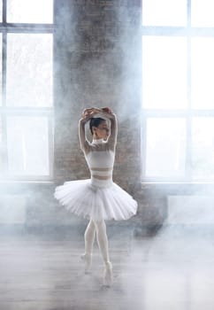 Young stunning ballerina wearing tutu dress and pointe shoes dancing in haze. Ballet art, dance inspiration concept