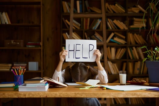 Tired girl student lying on home desk holding placard with help word. Little elementary school pupil need support and assistance for learning