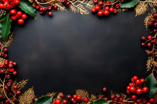 Christmas decoration with holly leaves and berries creating a frame. Copy space. AI generated