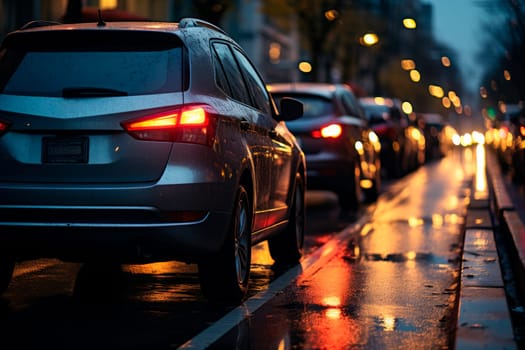 Cars moving on the urban road at dusk in autumn. Transport in the city. Traffic jams in the city, rush hour. AI generated