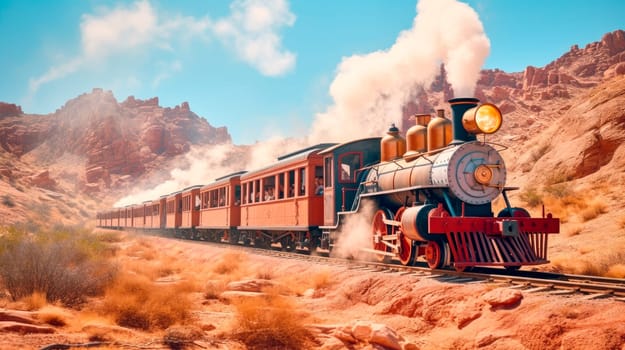 Vintage steam train with a passengers runs on the tracks and letting of smoke and steam. AI generated