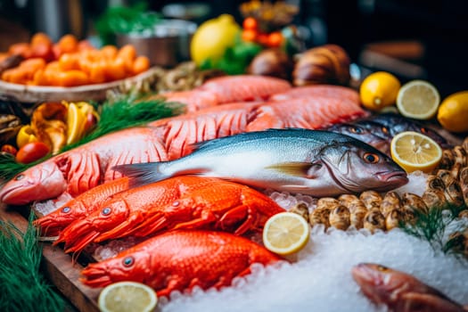 Fresh seafood on crushed ice, close-up. AI generated