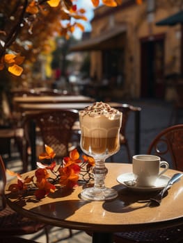closeup of cup of cappuccino in terrace of french bistro