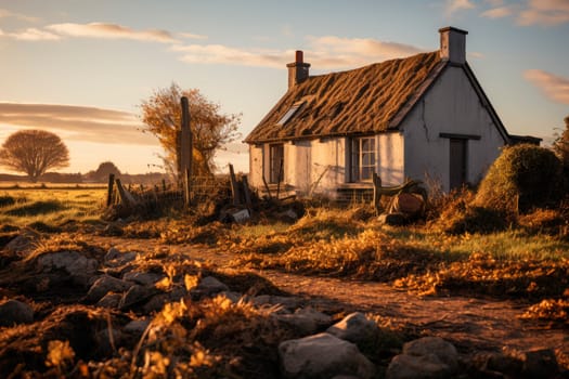 Old house with mossy roof on a rural landscape. AI generated