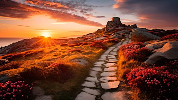 Extremely beautiful natural landscape with pathway alongside sea coast at the sunset. AI generated