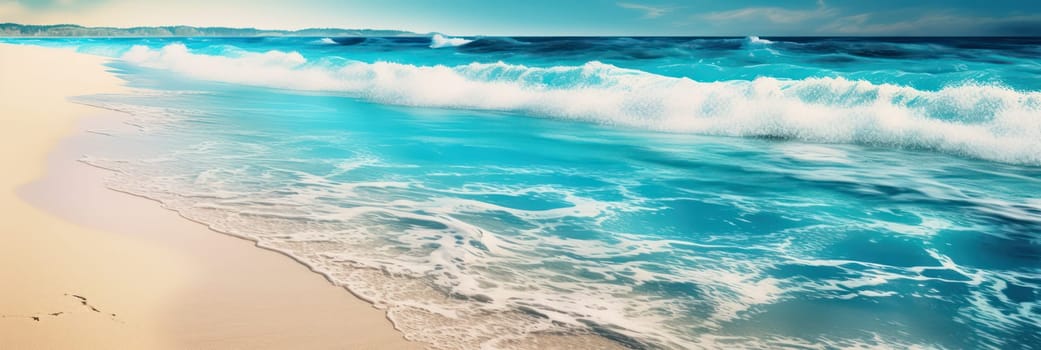 Beautiful tropical beach with white sand, palm trees, turquoise ocean against a blue sky with clouds on a sunny day. Perfect landscape backdrop for a relaxing holiday, island. banner.generative AI