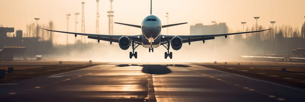 A large jet liner takes off from an airport runway at sunset or dawn with landing gear extended.generative AI.