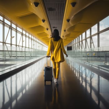 a woman in a yellow coat and a suitcase walks through the airport terminal. Rear view of young woman with suitcase. Generative AI.
