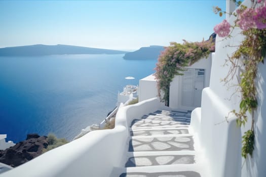 the snow-white steps of Santorini with the sea and blue sky in the background. Generative AI