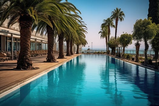 Promenade Limassol beautiful with palm trees in Cyprus with swimming pools in the park on the seashore. Generative AI